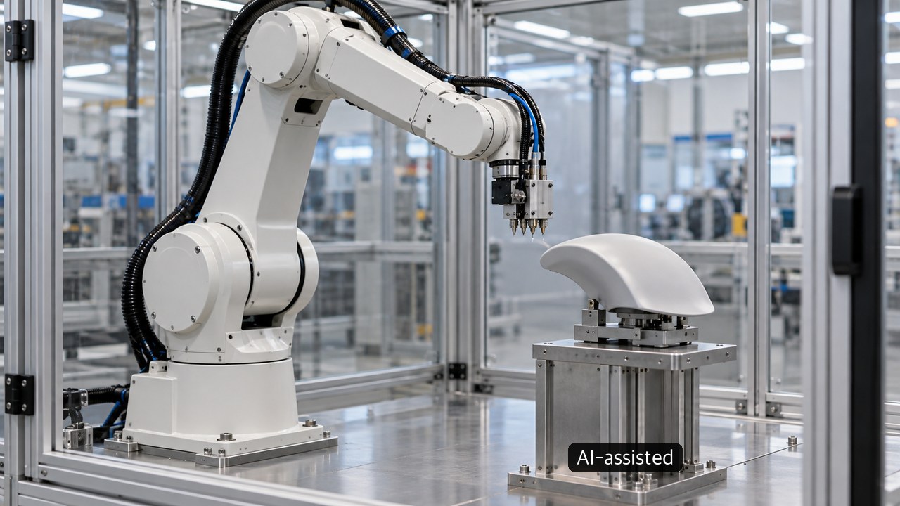 White industrial robot near a curved sample on a fixture inside a guarded cell