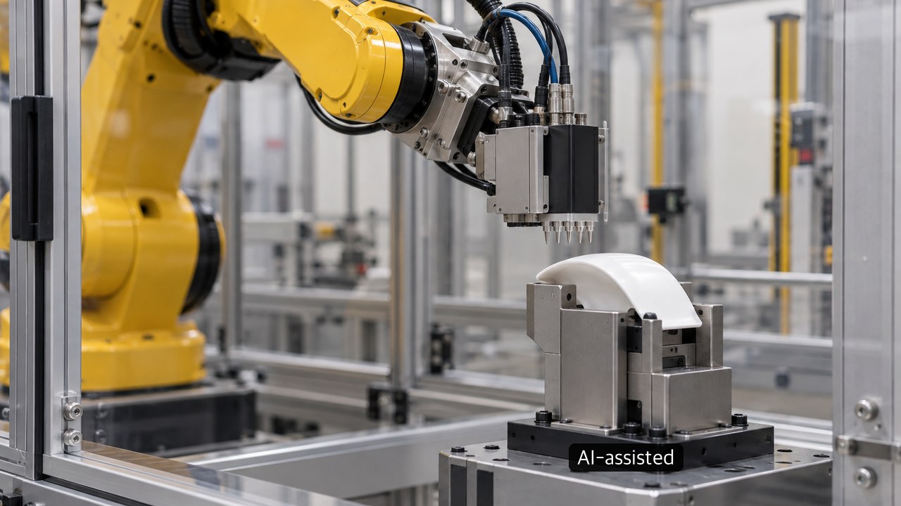 Generic industrial robot cell concept illustrating tool-to-surface distance