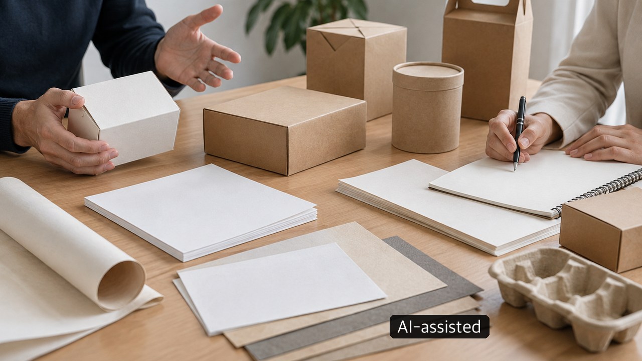 Generic office desk with small packaging boxes and documents