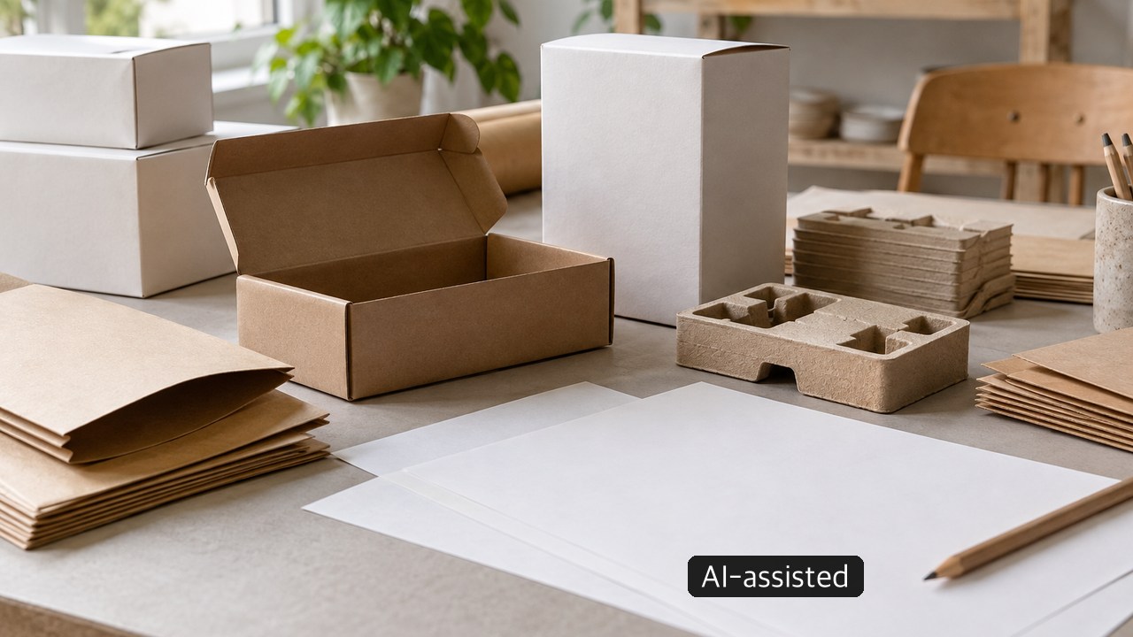Generic desk with packaging boxes and ordinary paper documents