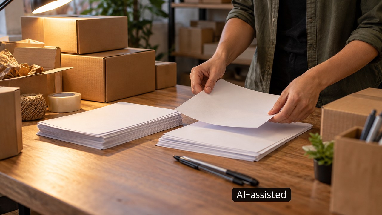 Generic worker arranging blank papers beside small packaging boxes