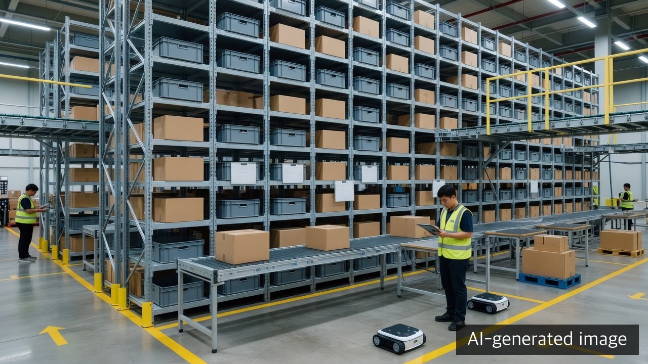AI-generated example of an automated fulfilment centre operating high-bay storage, conveyors, mobile robots and corrugated packing stations