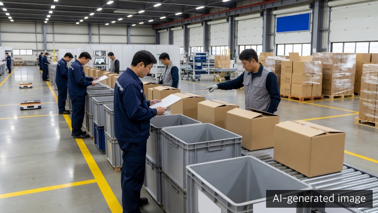 AI-generated example of operators examining tote and carton queues at the picking, packing and dispatch handoff