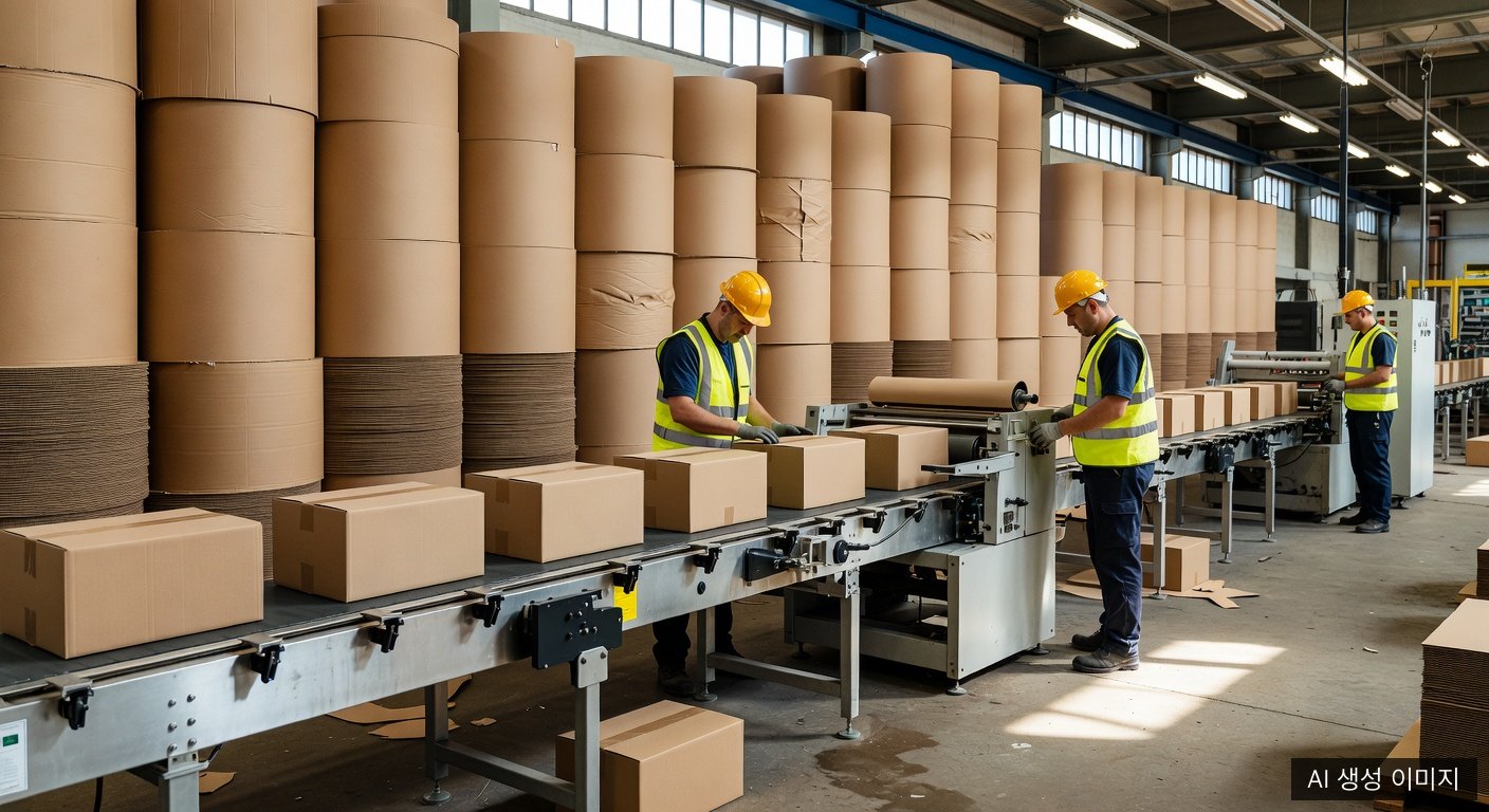 European corrugated plant line scene with corrugated boxes moving along a conveyor