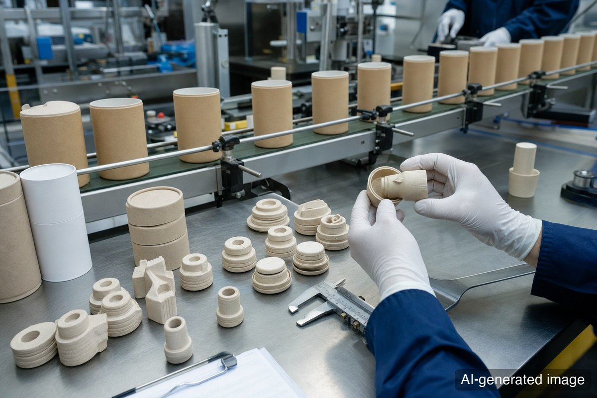 Fiber-based paper caps and dispenser components being inspected in a packaging lab