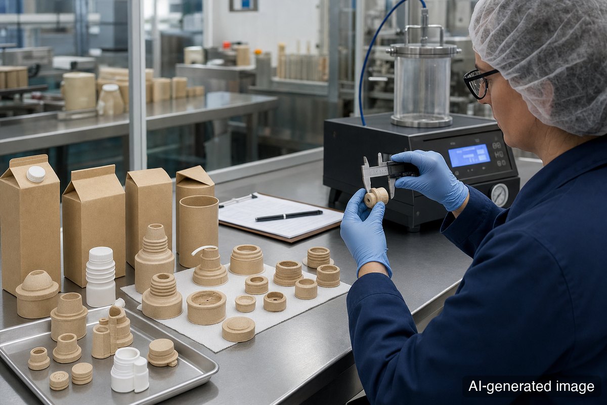 Paper-based caps and dispenser parts being checked for fit, sealing, and recycling compatibility