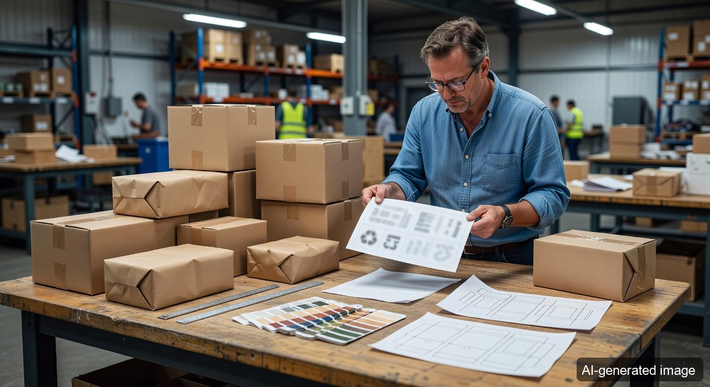 Paper packaging artwork for France being reviewed on an industrial workbench