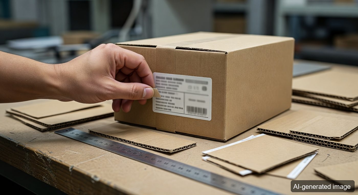 Factory workbench with kraft paper packages, generic recycling label mockups, and packaging artwork checks