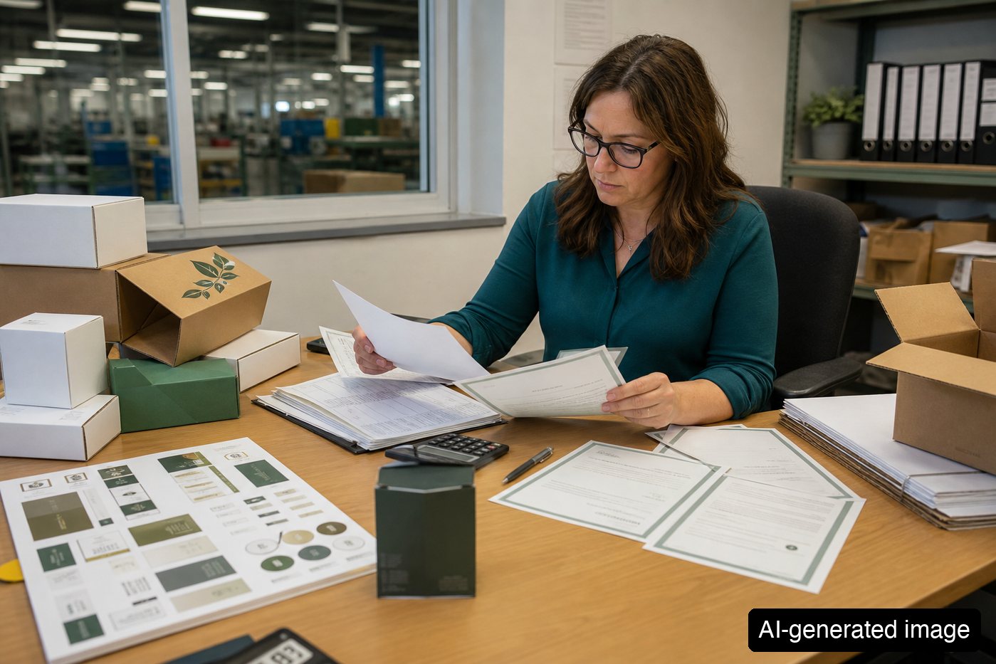 Quality manager reviewing paper packaging label claims and certification documents