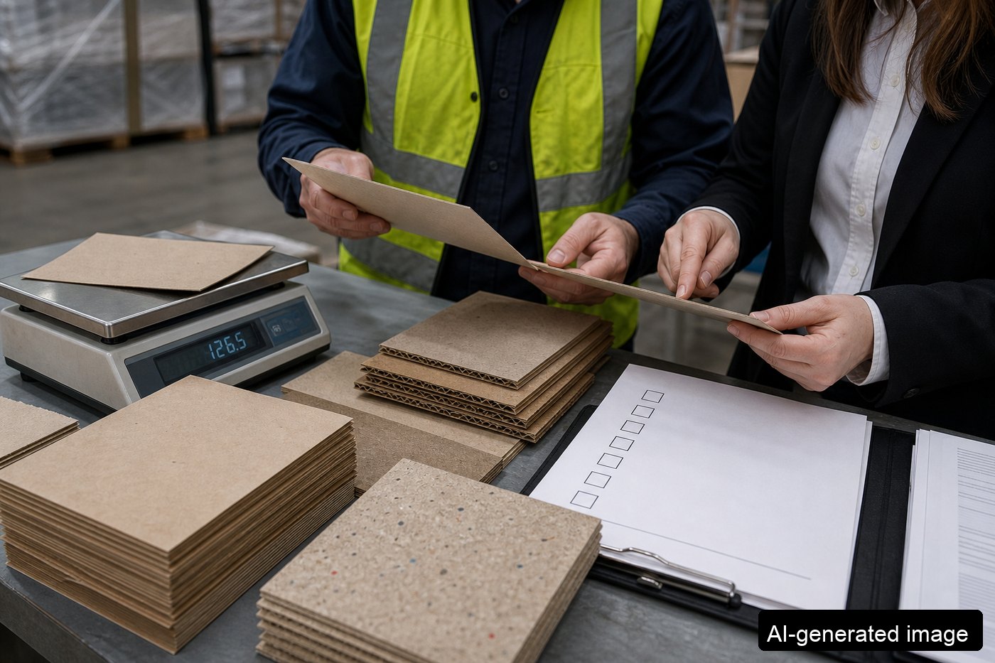 Supplier audit table with paper packaging samples and checklist folder
