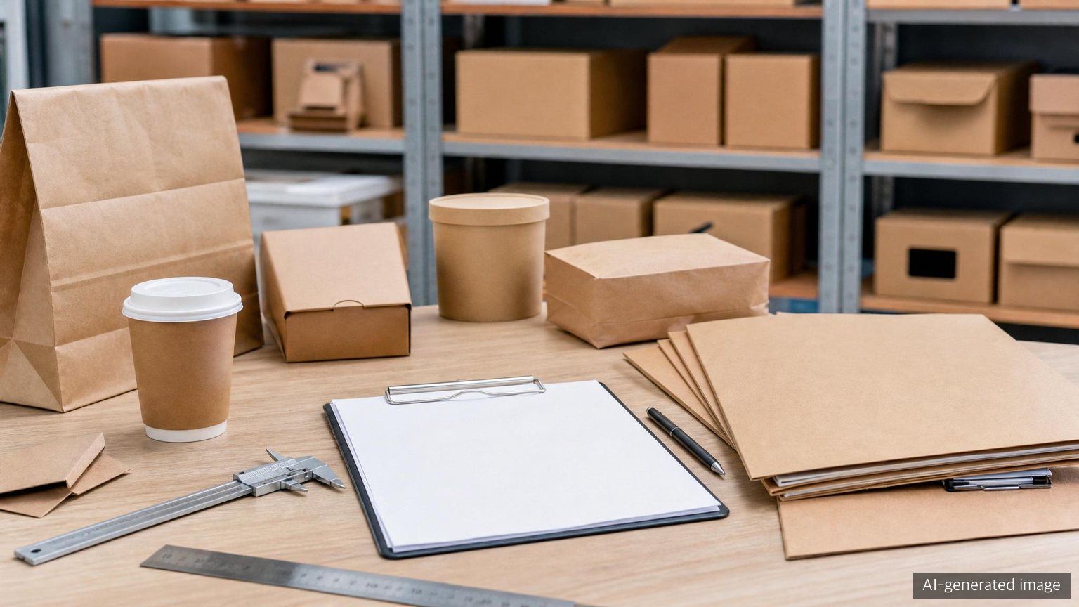 Paper packaging samples and compliance documents on a review desk