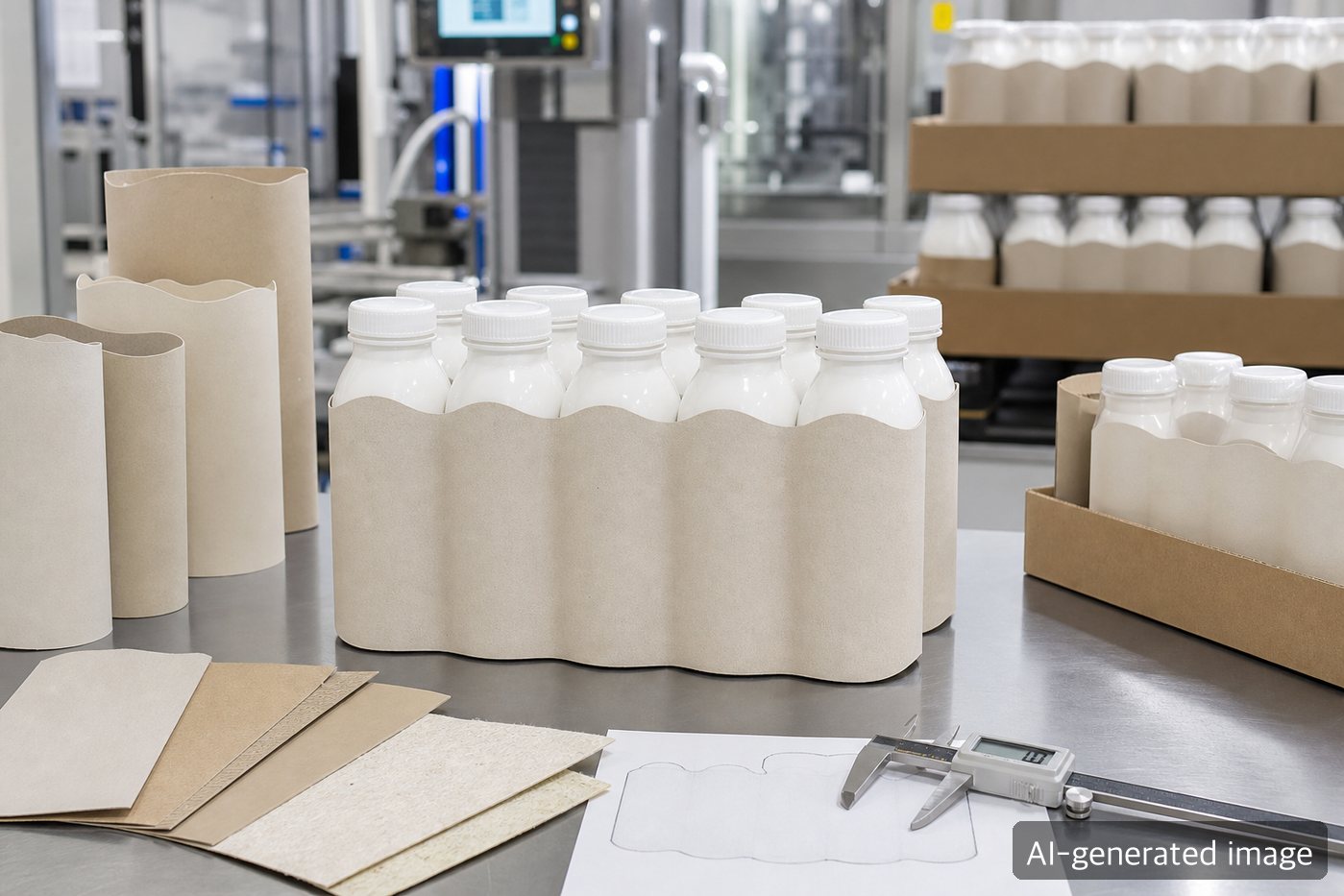 Packaging development site reviewing recyclable sleeve samples and dairy containers