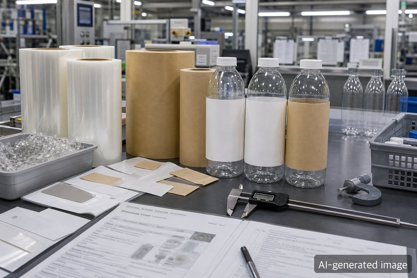 Packaging engineers reviewing recyclable sleeve samples, film rolls, chilled food mockups, and compliance documents