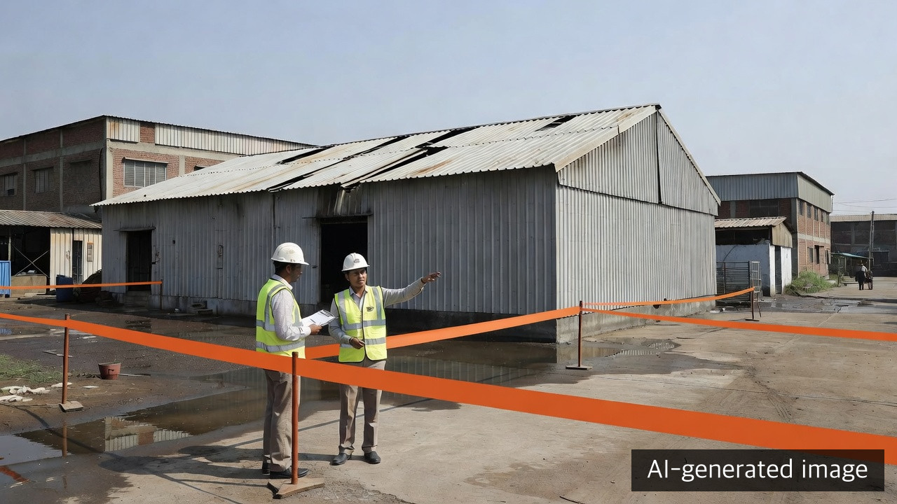 Safety staff reviewing a generic factory building from outside a cordon after firefighting — AI-generated image, not a photograph of the Ghaziabad site