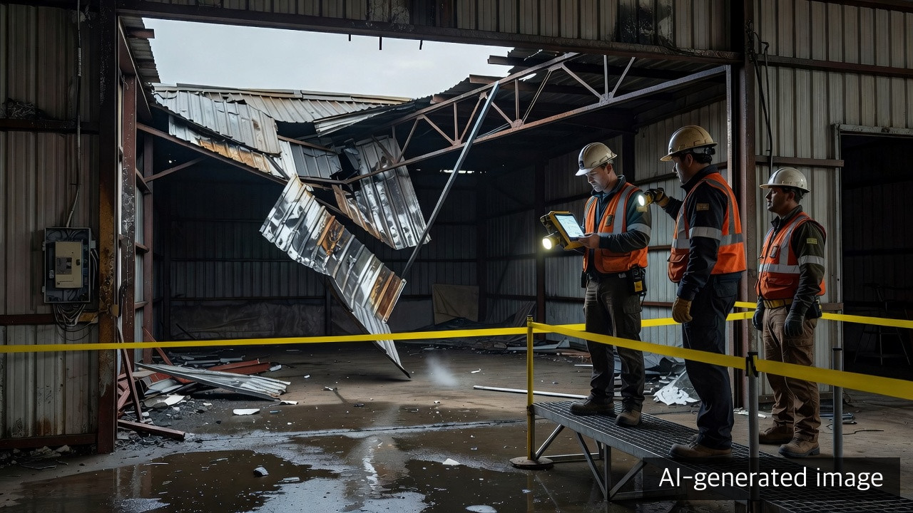 Structural conditions being reviewed from a protected walkway without entering beneath a collapsed metal roof — AI-generated image, not a photograph of the Ghaziabad site