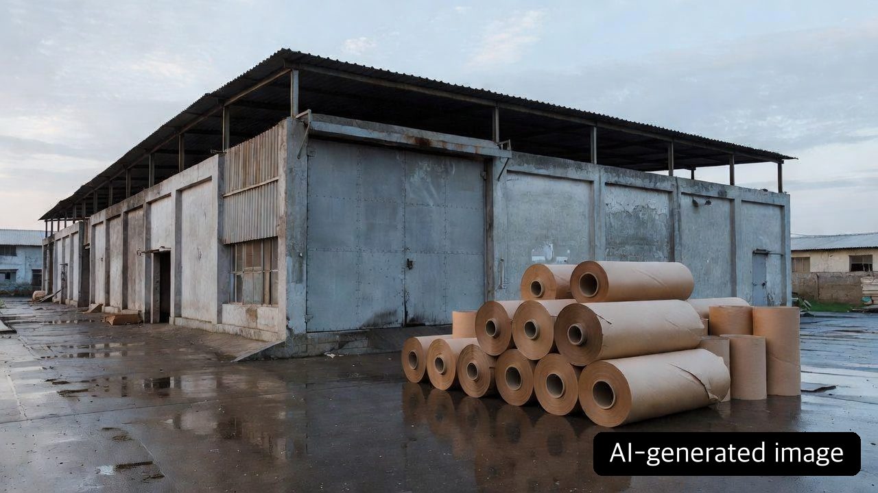 AI-generated view of a controlled generic paper-tube factory exterior and kraft paper rolls after firefighting
