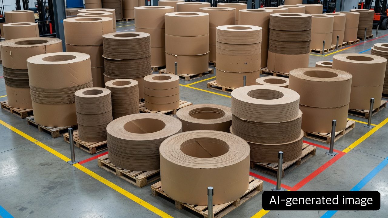 AI-generated view of base-paper rolls, work-in-process tubes and finished cores separated by warehouse zone