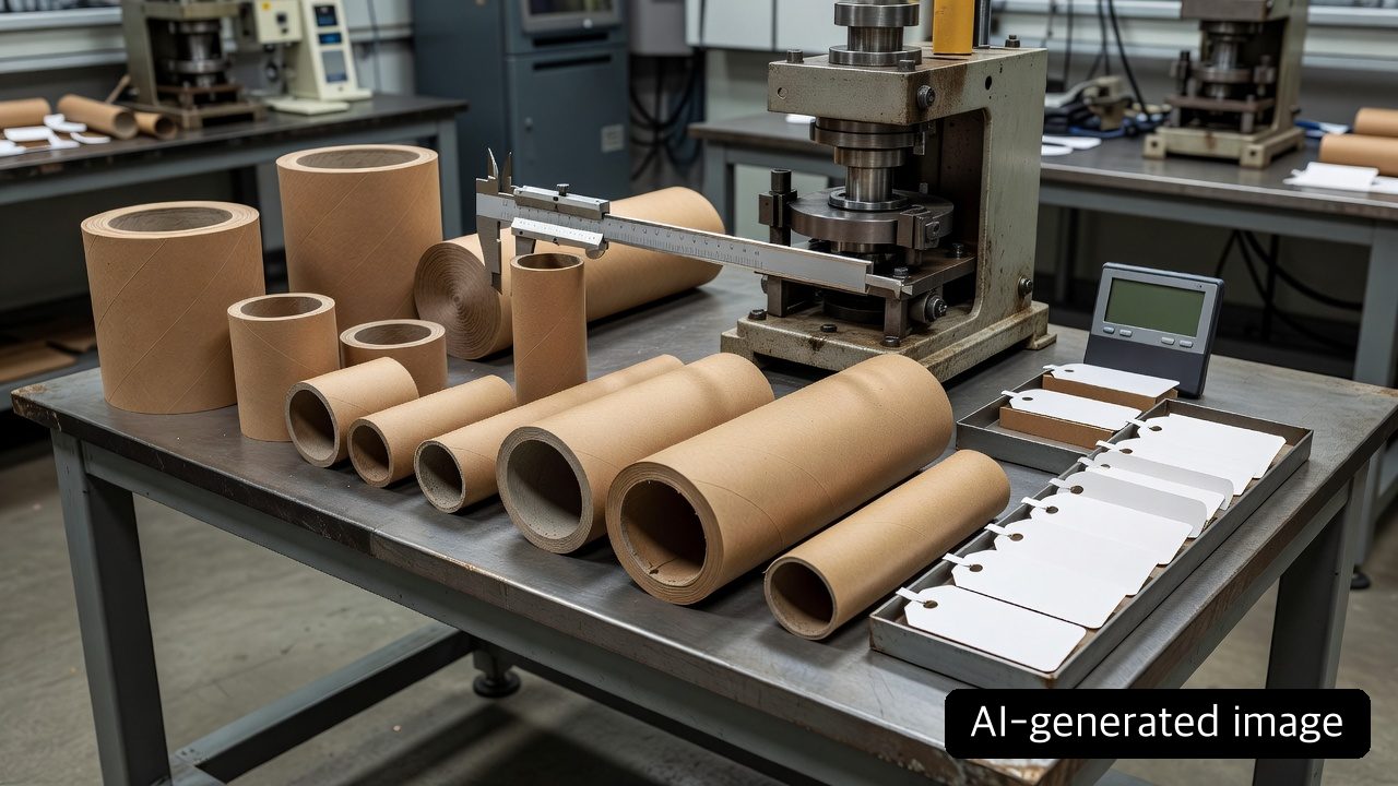 AI-generated quality-lab view of paper cores with different diameters and thicknesses beside measurement and compression-test equipment