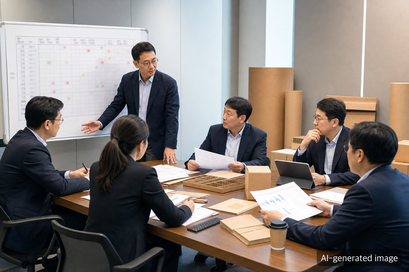 Procurement manager reviewing containerboard and corrugated box supply contract risk