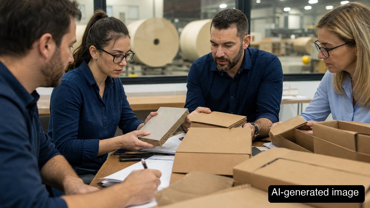 Purchasing team reviewing paper samples and corrugated boxes