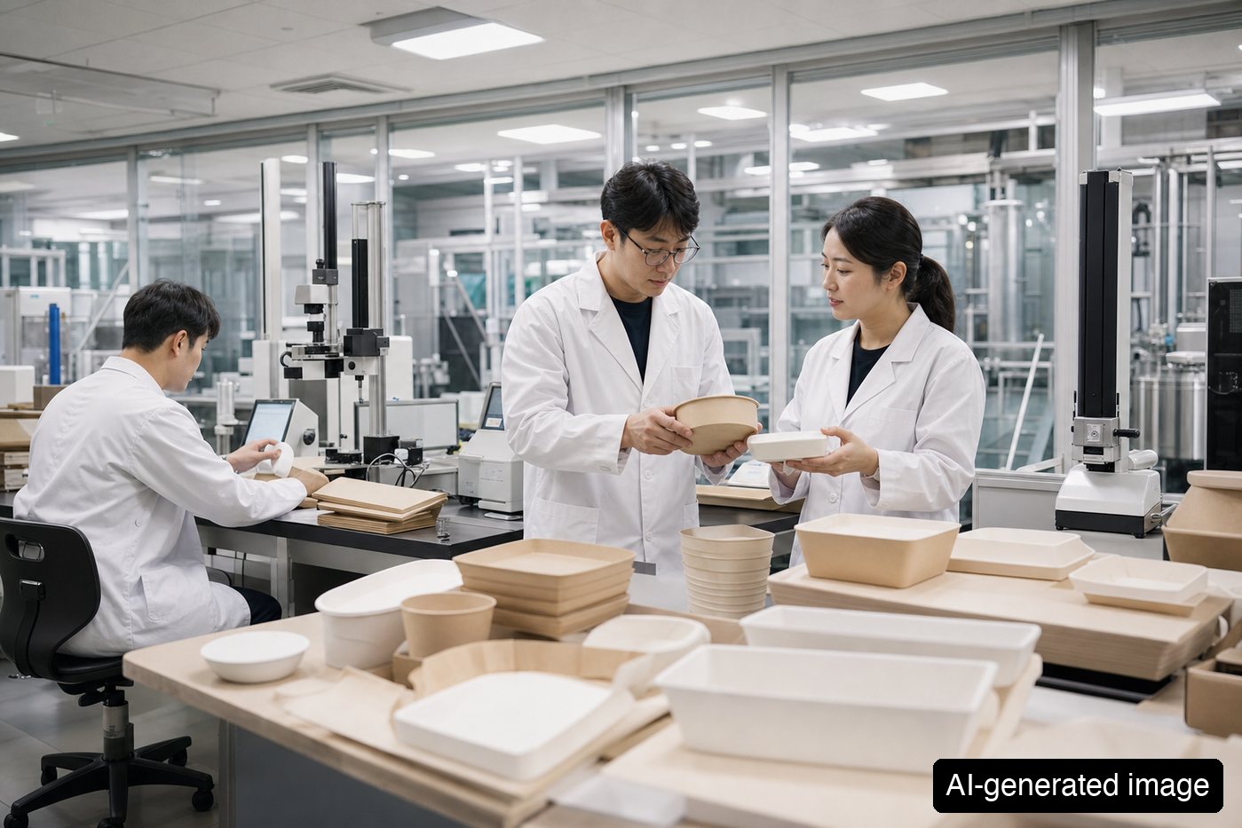 Researchers inspecting eco-friendly food packaging samples in a pilot lab