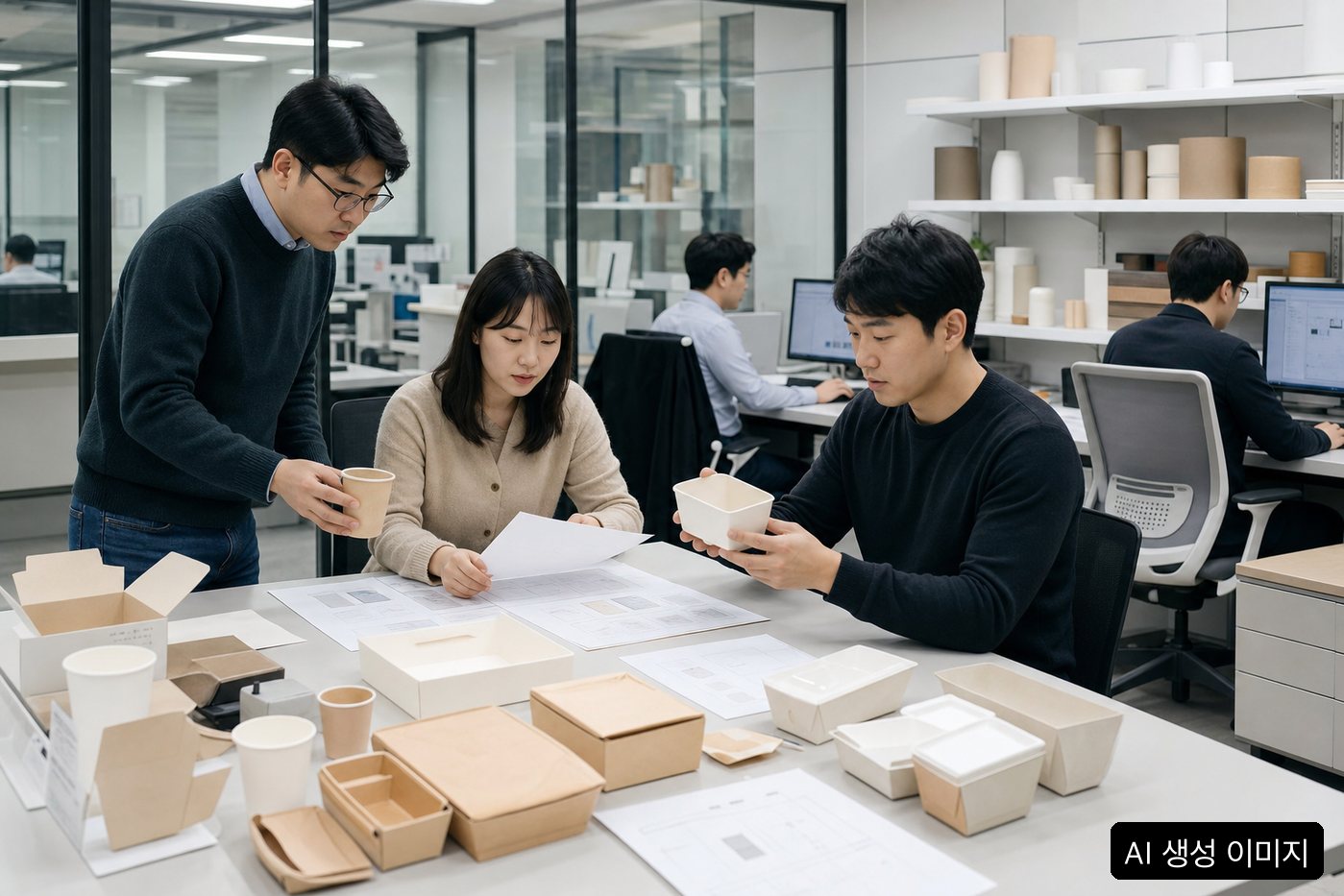 파일럿 포장 라인에서 종이 기반 식품 포장재를 점검하는 장면