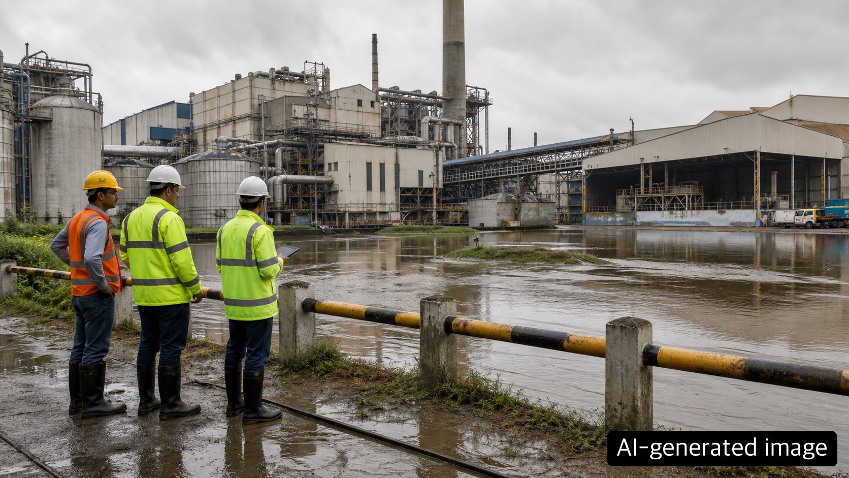 Illustrative industrial scene of engineers assessing a paper mill from a safe area after monsoon flooding