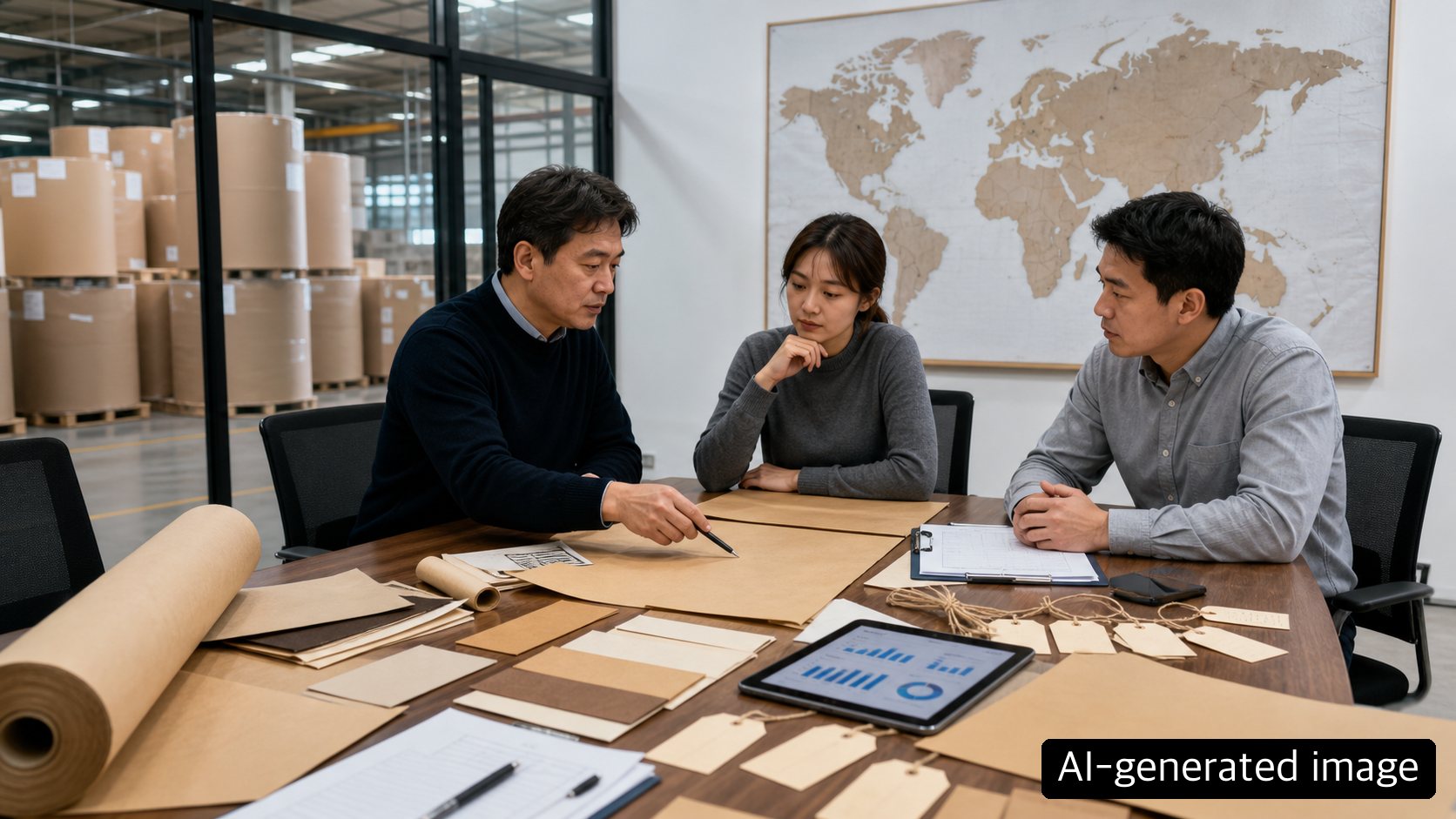 Procurement, quality and logistics staff reviewing kraft paper samples with PO and lot records