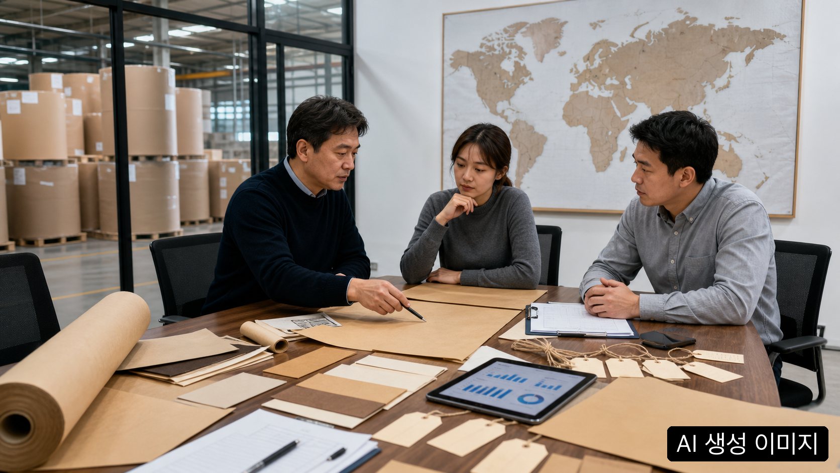 구매·품질·물류 담당자가 크라프트지 샘플과 발주·로트 정보를 함께 검토하는 예시