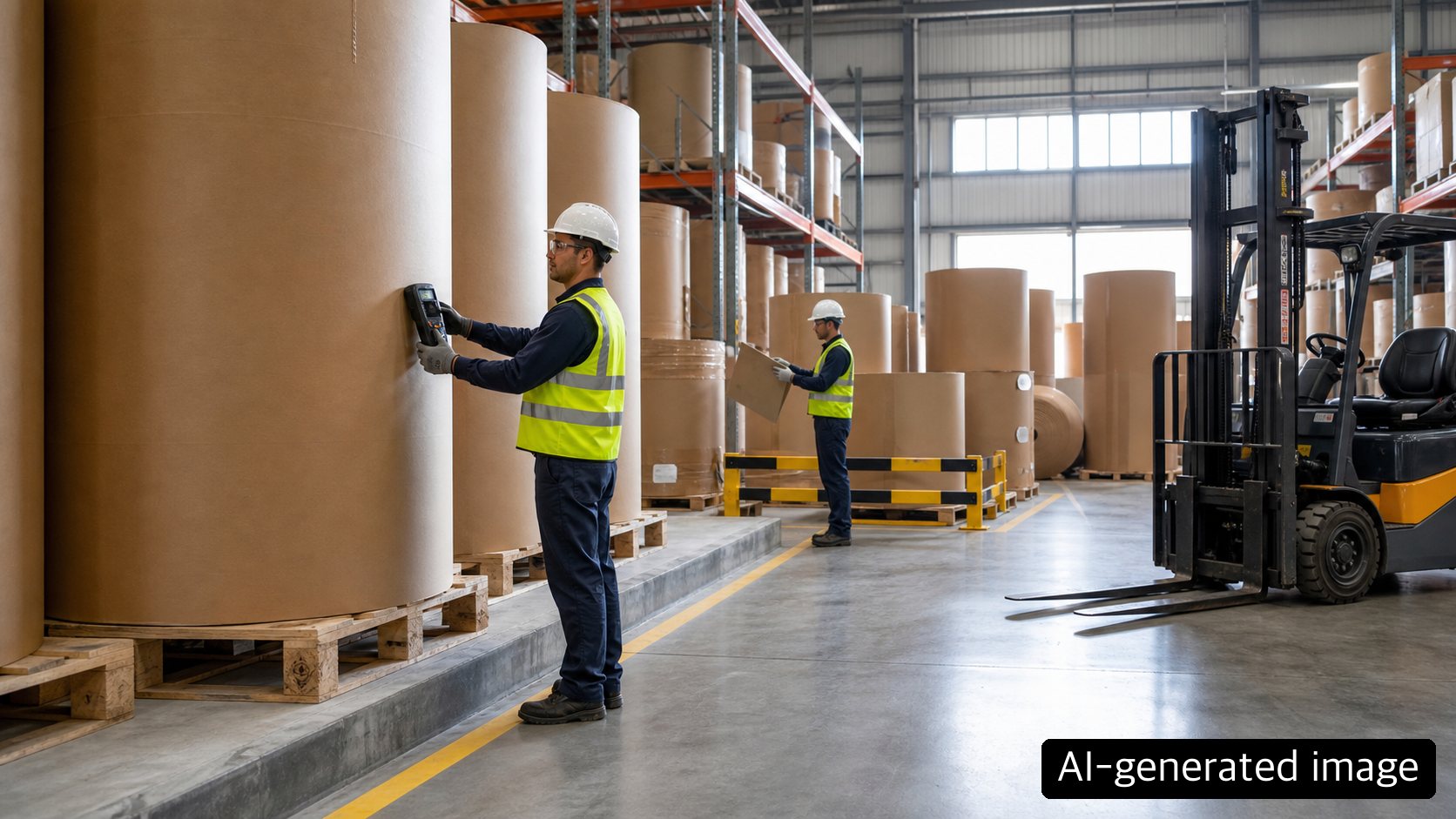 Warehouse quality staff checking kraft paper roll moisture and segregating an alternate lot