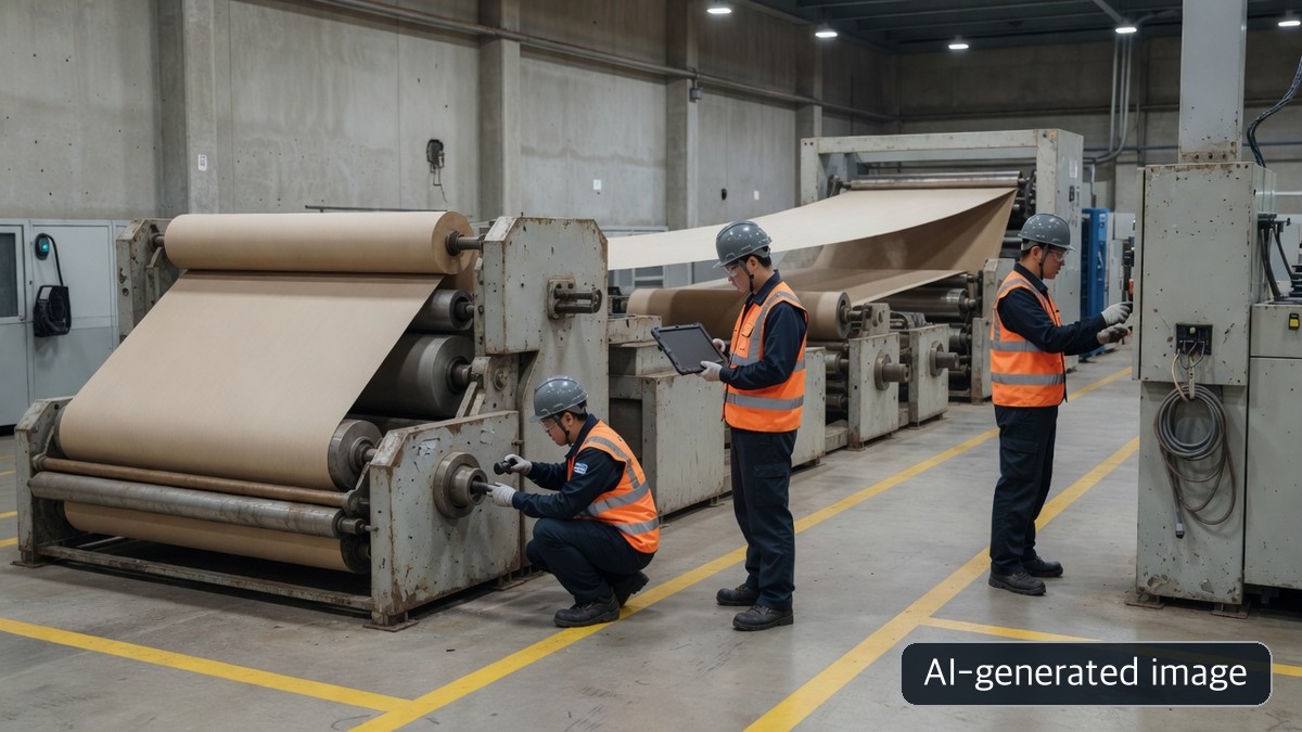 AI-generated image of a generic containerboard production line operating after maintenance, not a photograph of Hankook Export Packaging's Osan facility