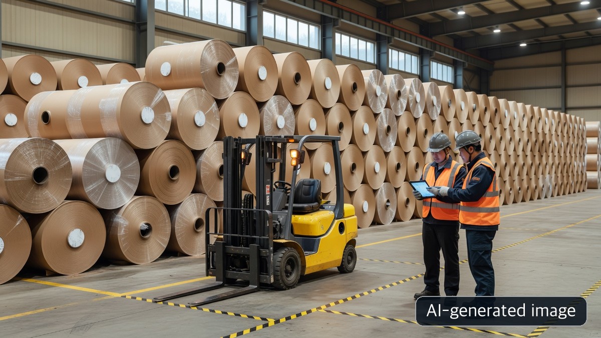 AI-generated image of a generic finished-roll warehouse used to verify allocation and dispatch after a mill restart