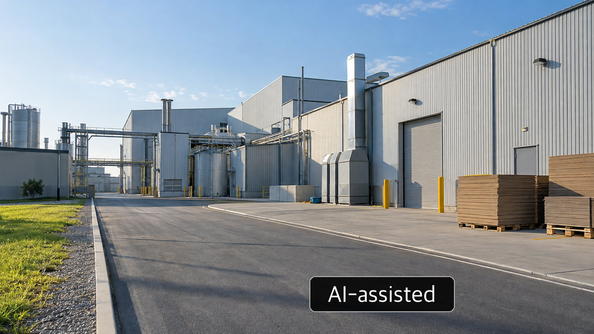 AI-generated conceptual view of an ordinary paper-industry building; not Hansol Paper's Daejeon expansion site