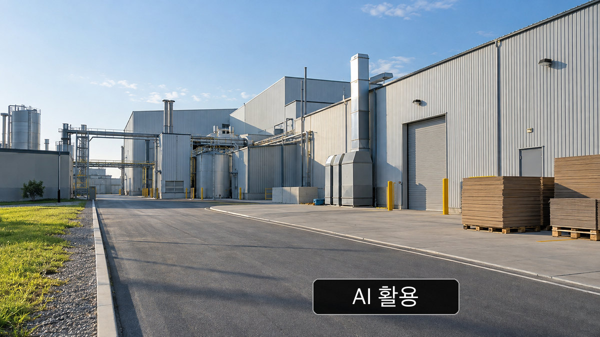 AI 생성 개념 이미지: 일반적인 제지산업 건물과 작업 공간. 한솔제지 대전공장의 실제 증설 현장이 아님