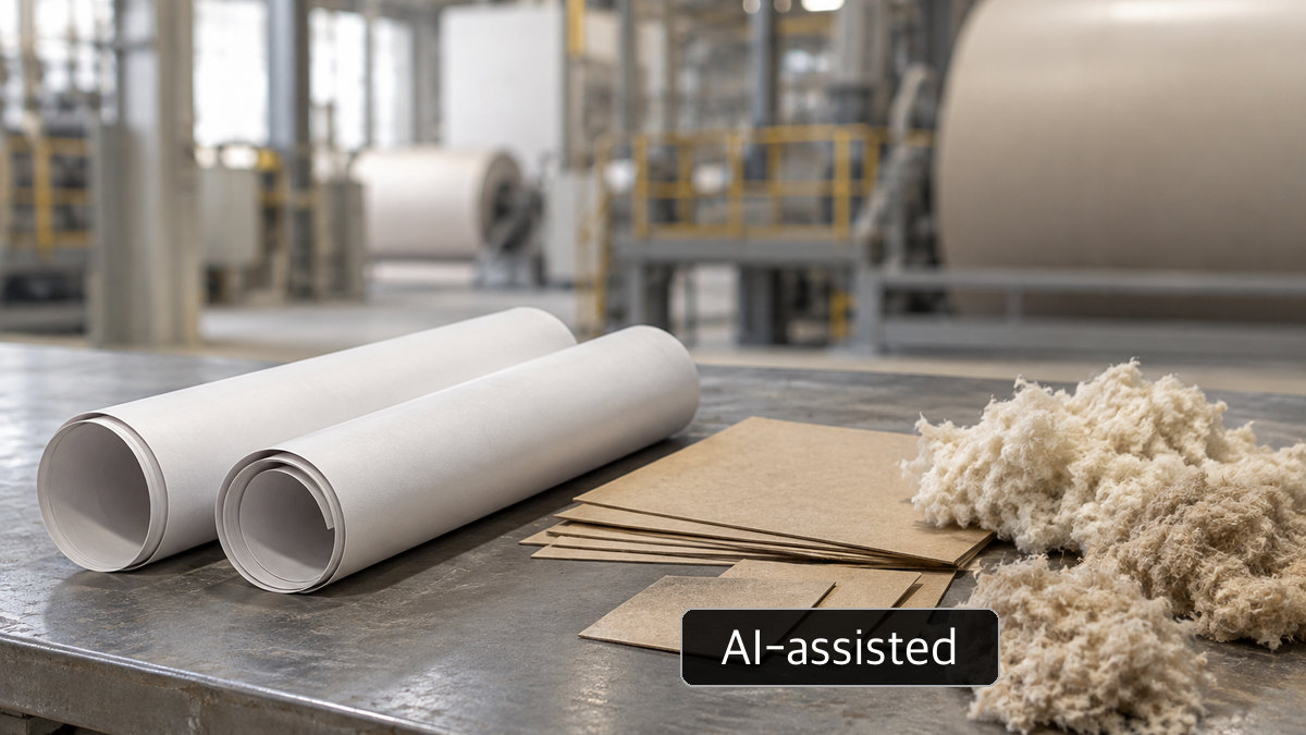 AI-generated conceptual image of plain paper samples on an industrial workbench; not Hansol’s equipment plan or an approved product