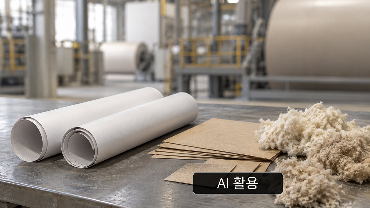 AI 생성 개념 이미지: 무표기 종이 시료와 일반 산업 작업대; 한솔제지의 증설 품목 또는 설비 도면을 재현하지 않음