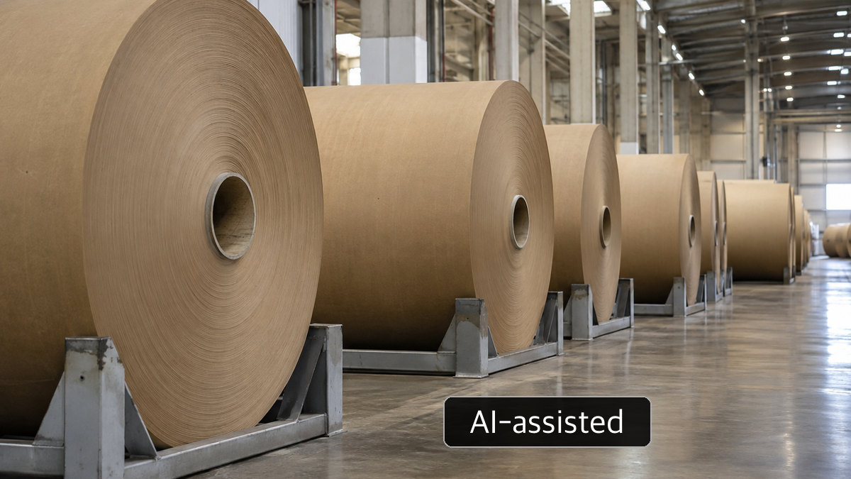 AI-generated conceptual image of ordinary paper reels resting in safe supports at a generic mill; not equipment installed or operating under this agreement
