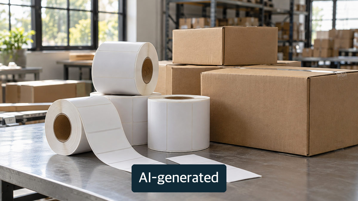 Conceptual scene of unmarked thermal-paper rolls and cartons