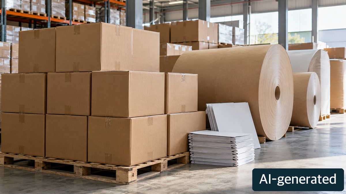 Generic warehouse cartons, blank folders and paper rolls, not an actual import file