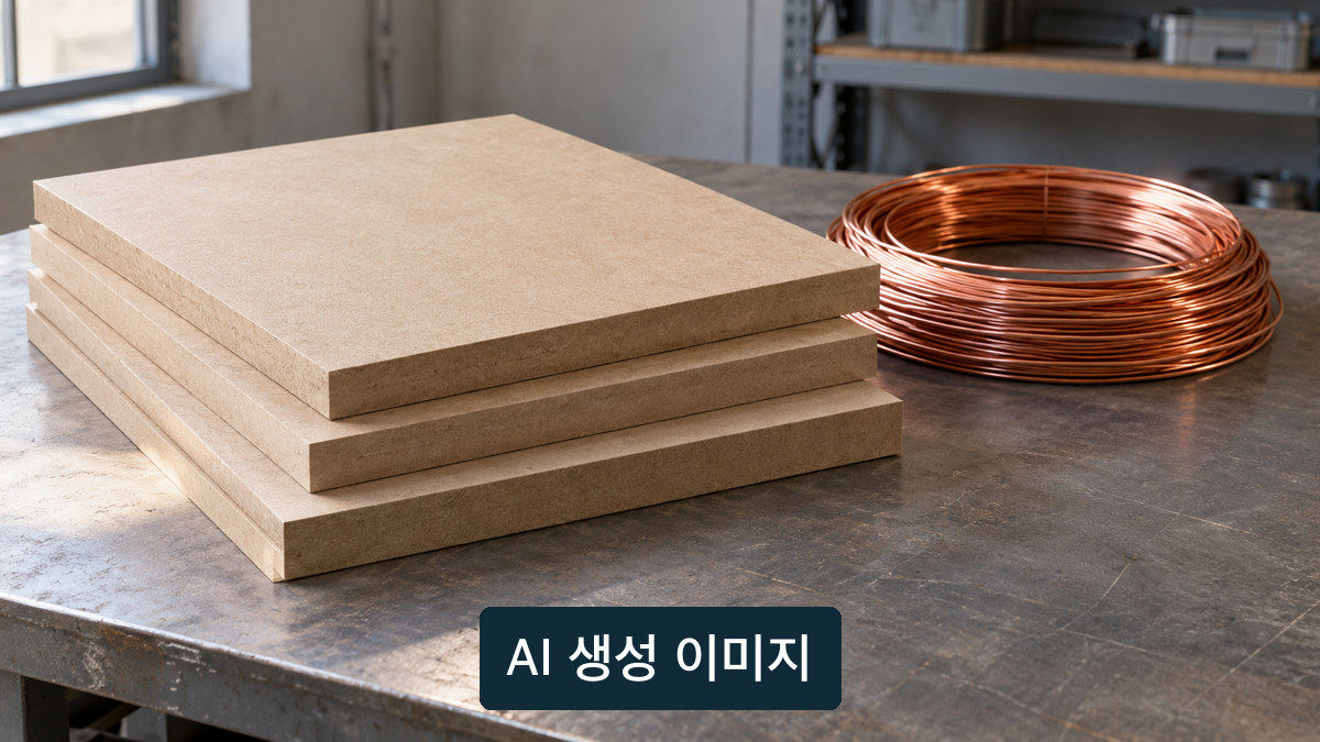 전기절연재 용도를 설명하기 위한 일반 종이계 판재와 코일 개념 장면. 실제 제품 사진 아님