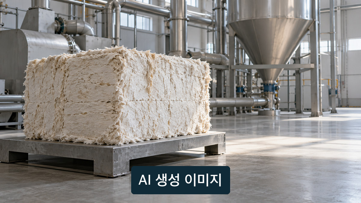 범용 펄프 베일과 소재 가공 설비를 묘사한 일반 개념 이미지. 특정 업체 공장 아님