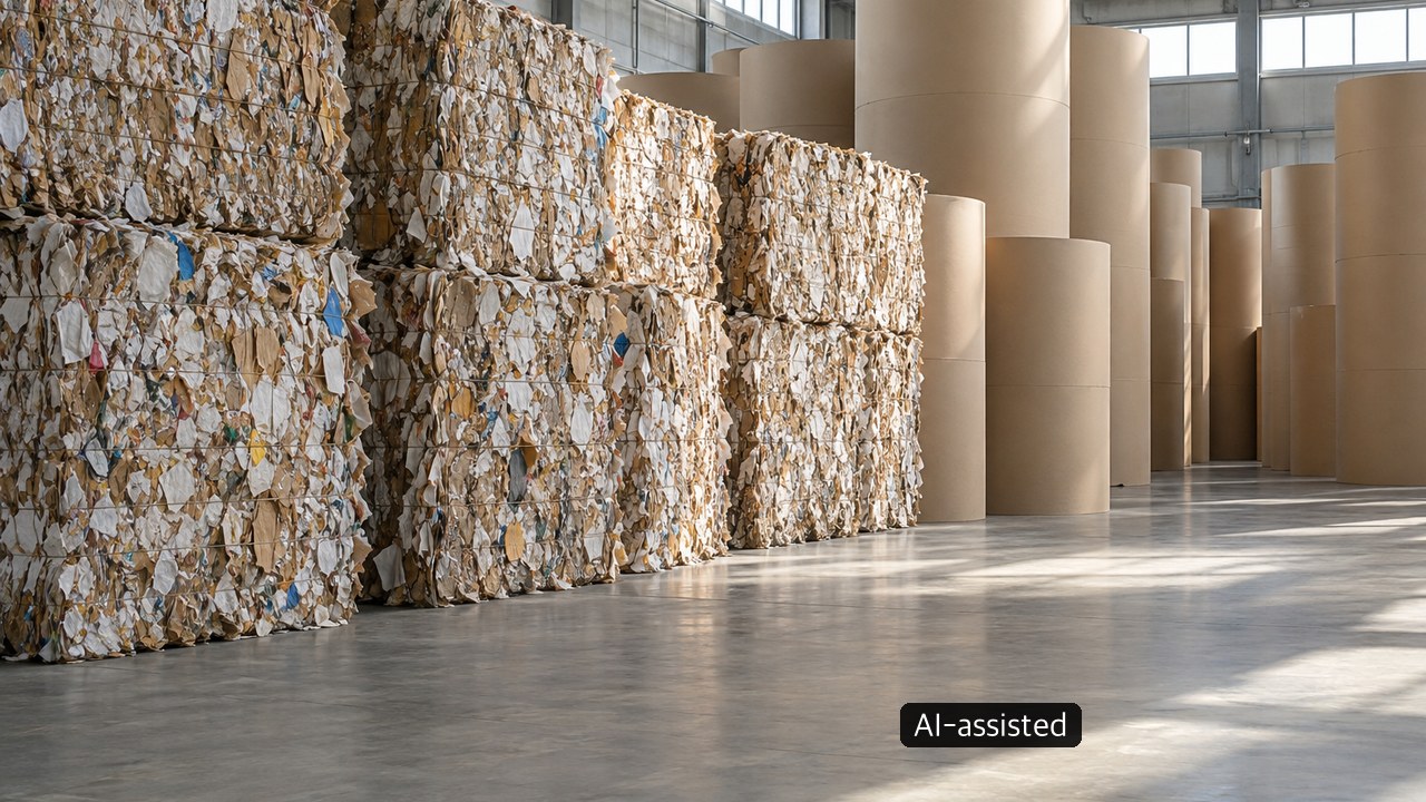 Warehouse with recovered-paper bales and upright paper rolls