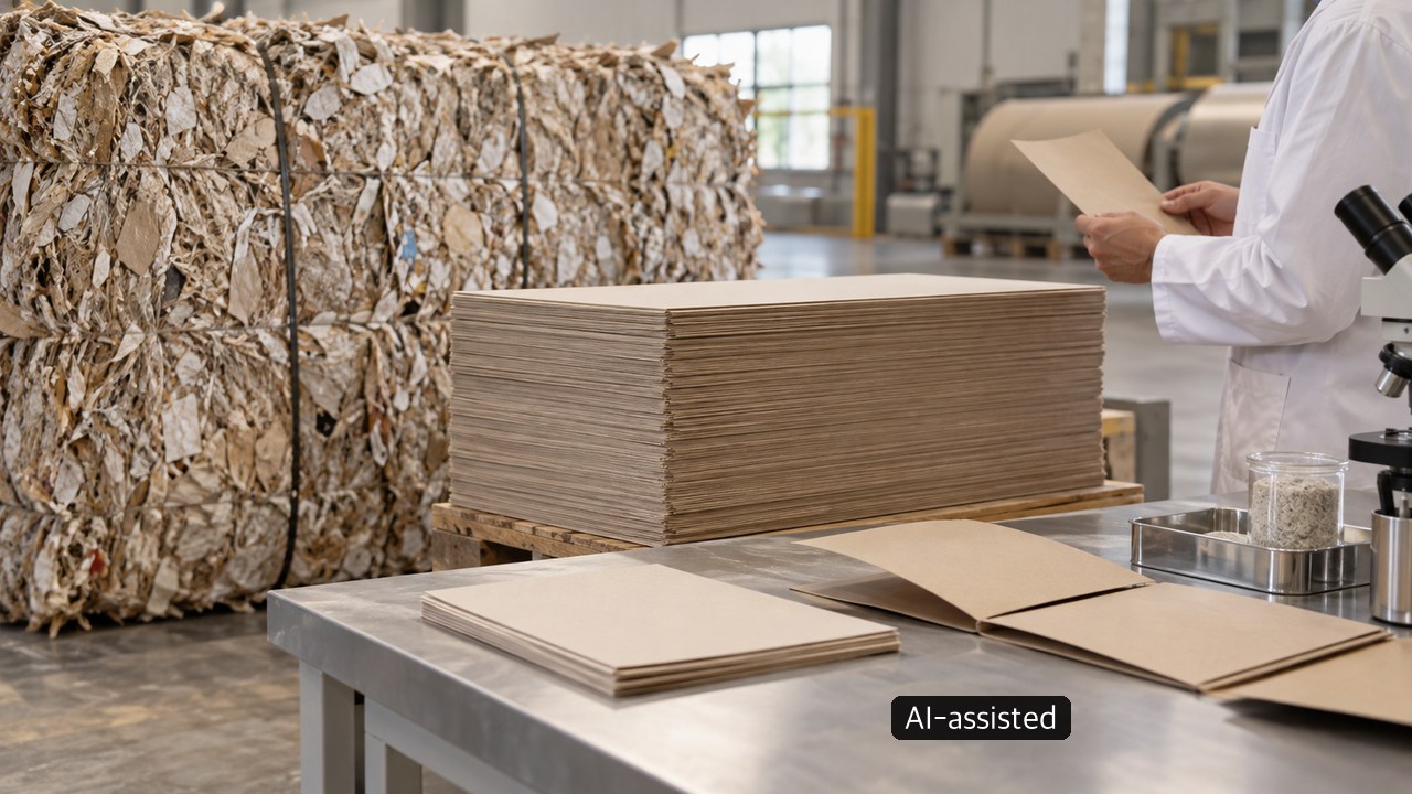 Generic conceptual work area with recovered-paper bales and kraft-board samples