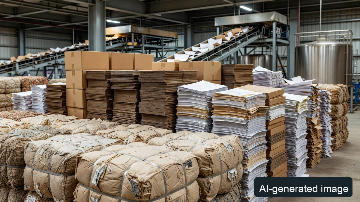 AI-generated illustrative warehouse with separate recovered-paper streams; not a photograph of Hong Kong's EcoPark or its operator
