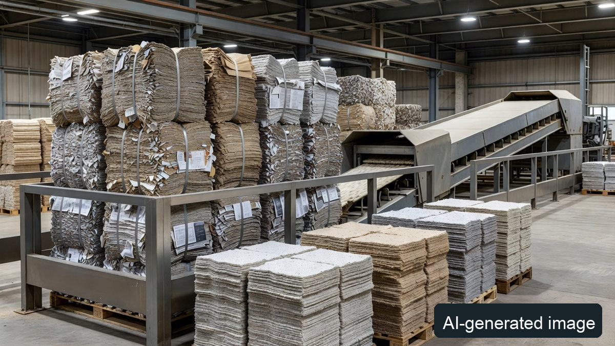 AI-generated illustrative recovered-paper bales, processing equipment and stacked output material; not a real plant or product photograph