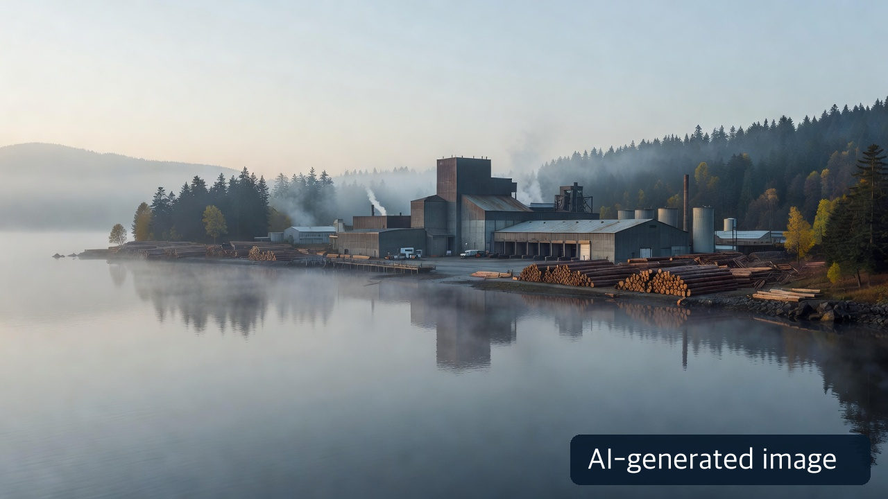 AI-generated conceptual coastal pulp mill; not a photograph of Howe Sound or evidence of its operating status
