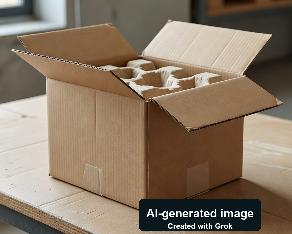 AI-generated photoreal scene of an unbranded carton and molded-pulp cushion; not an actual Hurom package photo