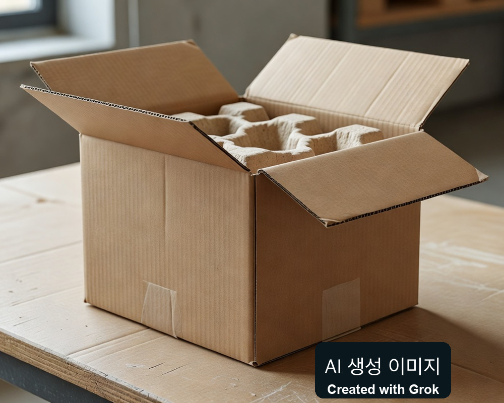 AI 생성 실사풍 재현: 무표기 가전 배송 상자와 펄프 완충재. 실제 휴롬 포장 사진 아님
