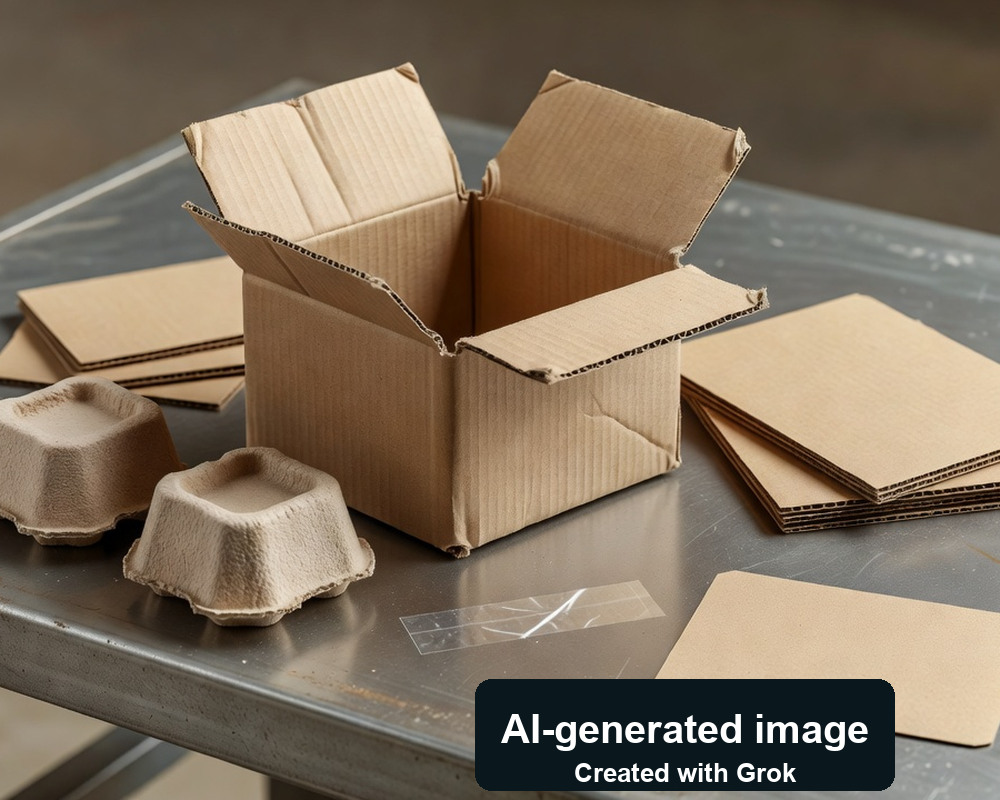 AI-generated photoreal scene of generic carton, pulp inserts, paperboard and tape samples; not Hurom specifications