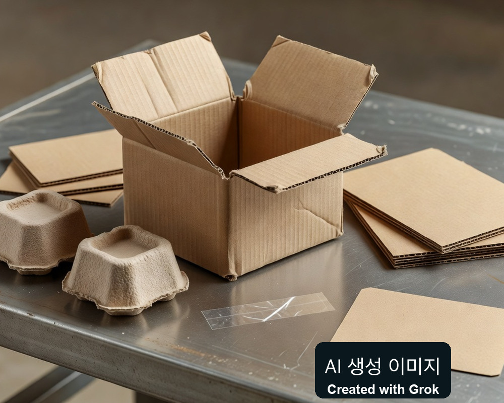 AI 생성 실사풍 재현: 일반 외상자·펄프 완충재·종이판·테이프 견본. 휴롬 제품 사양 아님